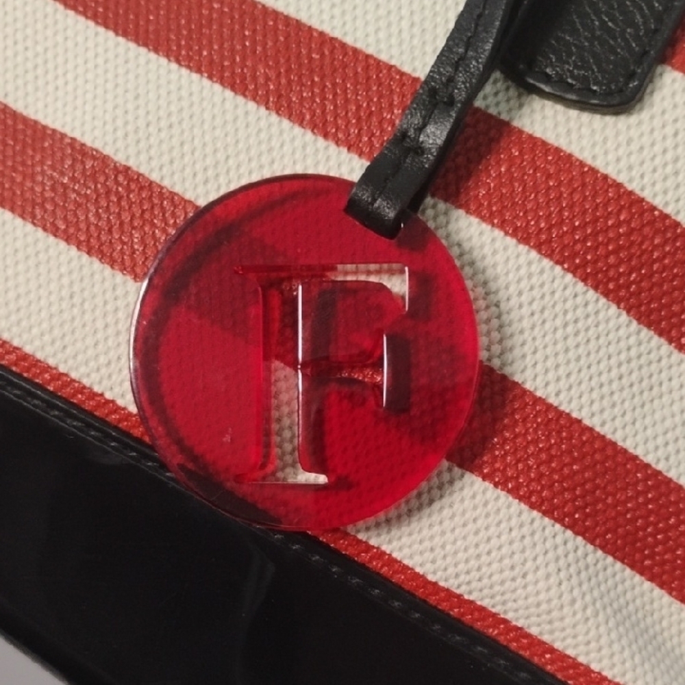 Furla Patriotic Red Off White Stripes Canvas and Black Jelly Bottom Handbag - Picture 4 of 11